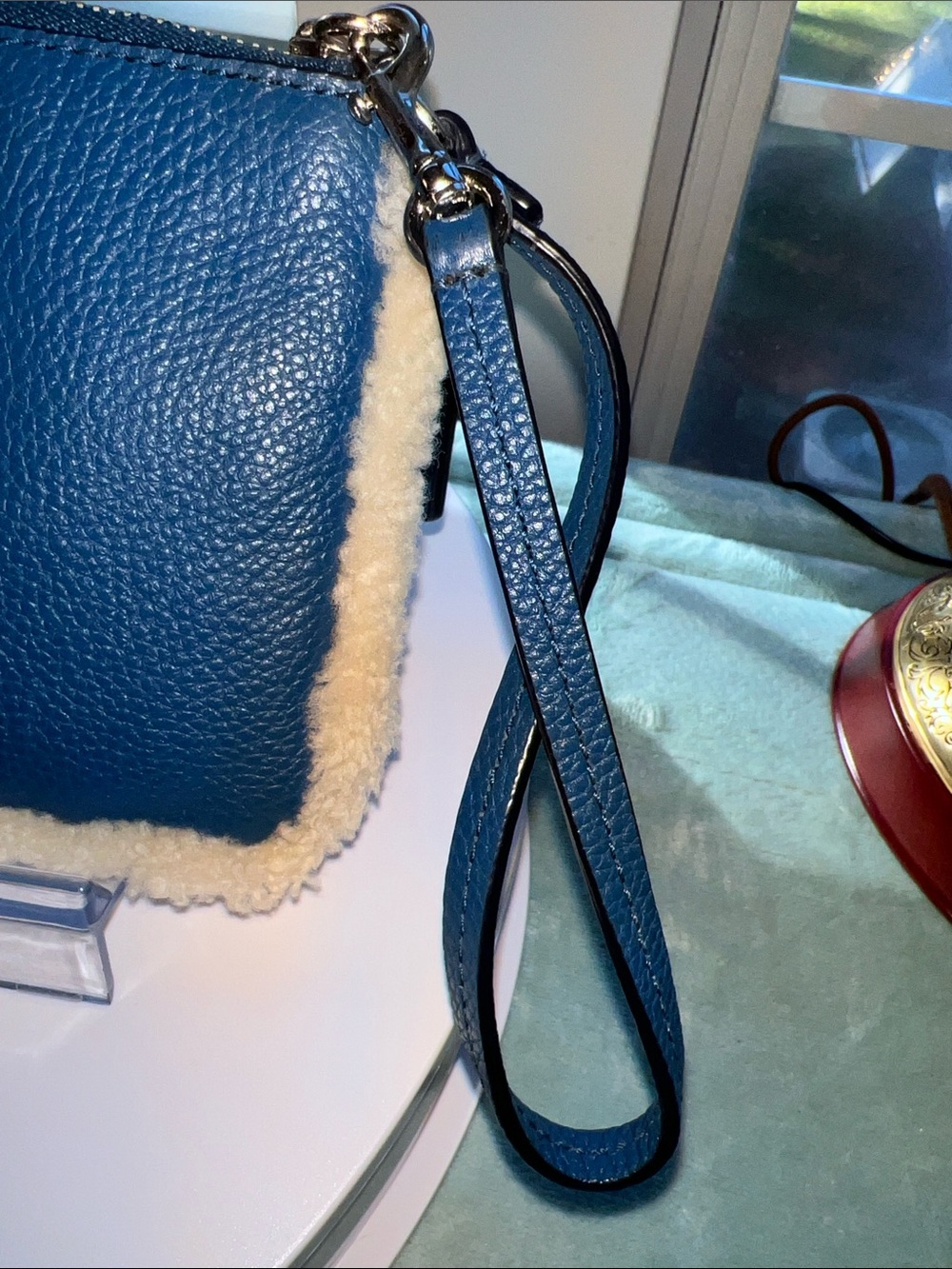 Coach Blue Pebbled Leather Wristlet with Cream Shearling Trim - Picture 6 of 10